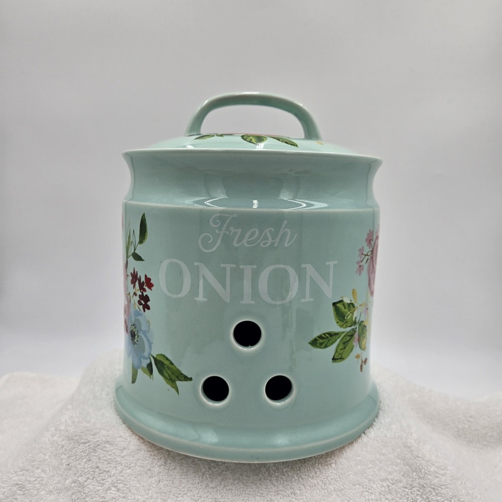 Pioneer Woman Melody 7.8 Onion Keeper Floral Teal Stoneware Dry Food Cannister